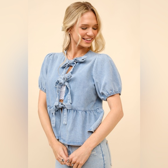 Puff Sleeve Bow Tie Front Denim Cut Out Top - Blue B - Picture 3 of 5